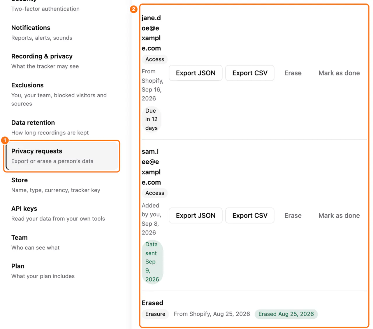 Settings, Privacy: (1) the section, (2) the list of requests