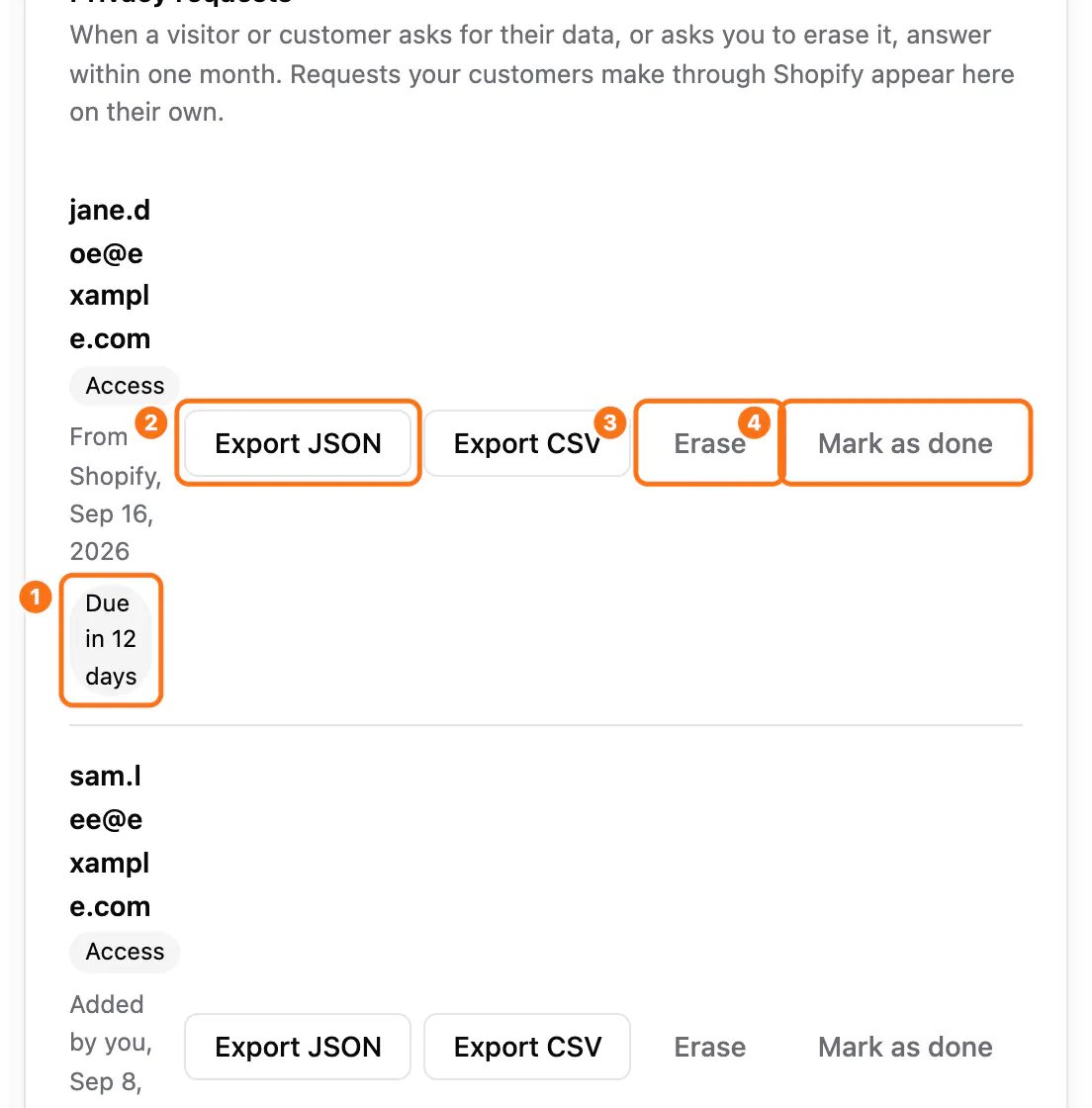 A request from Shopify: (1) its status, (2) Export JSON, (3) Erase, (4) Mark as done