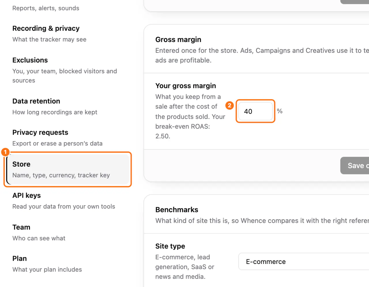 Settings, Store: (1) the section, (2) the Your gross margin field