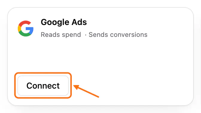Setup > Connections, Advertising: (1) the Connect button on the Google Ads tile
