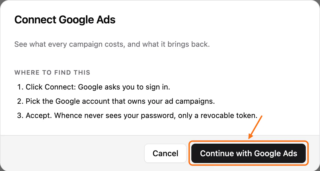 The Connect Google Ads window: (1) the Continue with Google Ads button