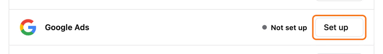 Marketing > Conversions: (1) the Set up button on the Google Ads row