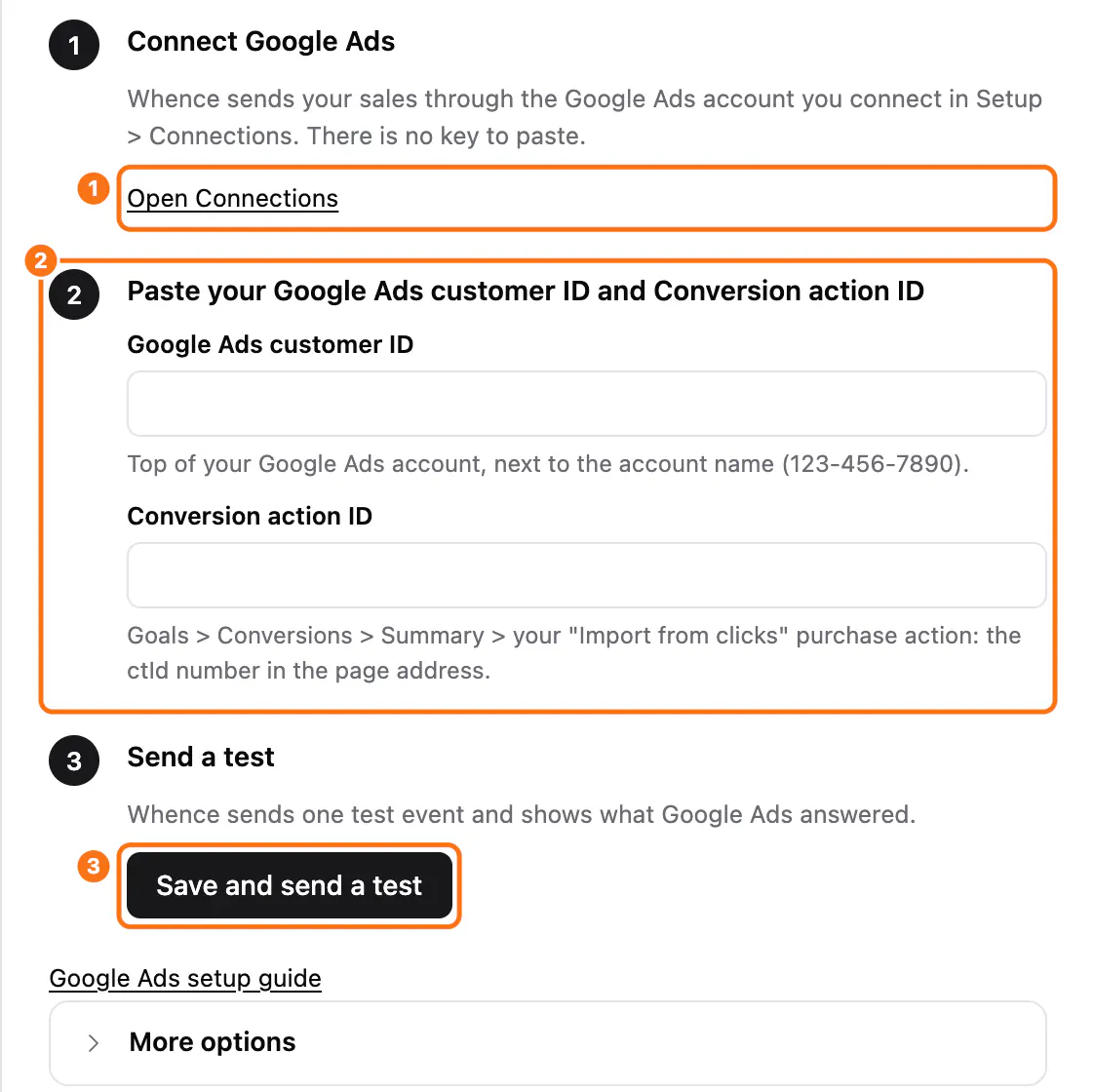 The Google Ads setup panel: (1) the Open Connections link, (2) the Google Ads customer ID and Conversion action ID fields, (3) the Save and send a test button