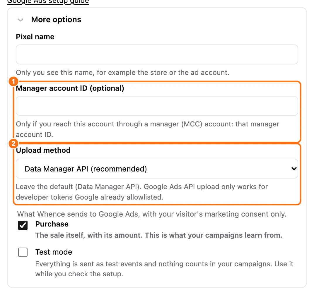 More options for Google Ads: (1) Manager account ID, (2) Upload method