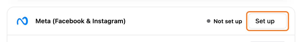 Marketing > Conversions: (1) the Set up button on the Meta (Facebook & Instagram) row