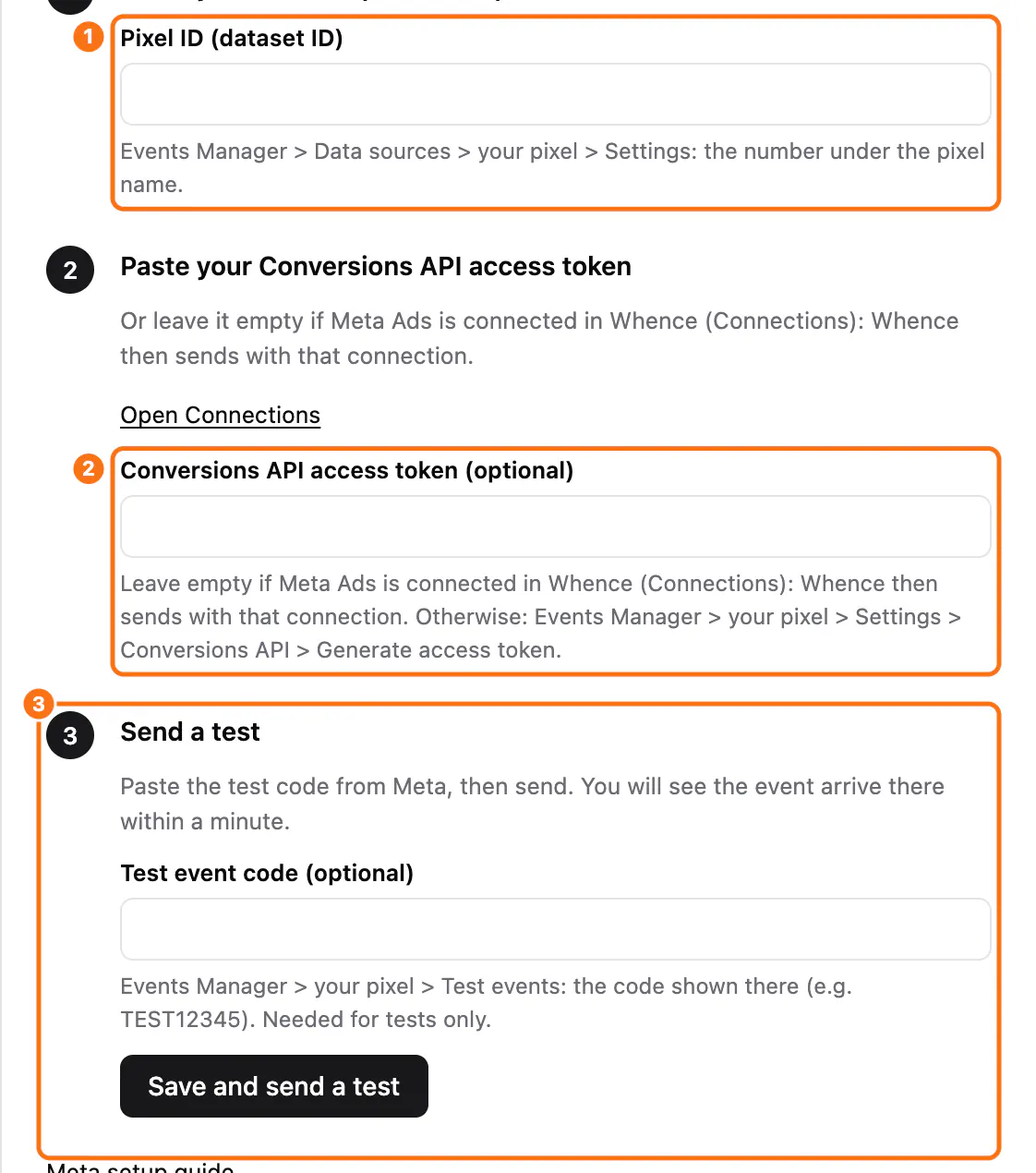 The Meta setup panel: (1) the Pixel ID (dataset ID) field, (2) the Conversions API access token field, (3) the Send a test step with the test event code and the Save and send a test button