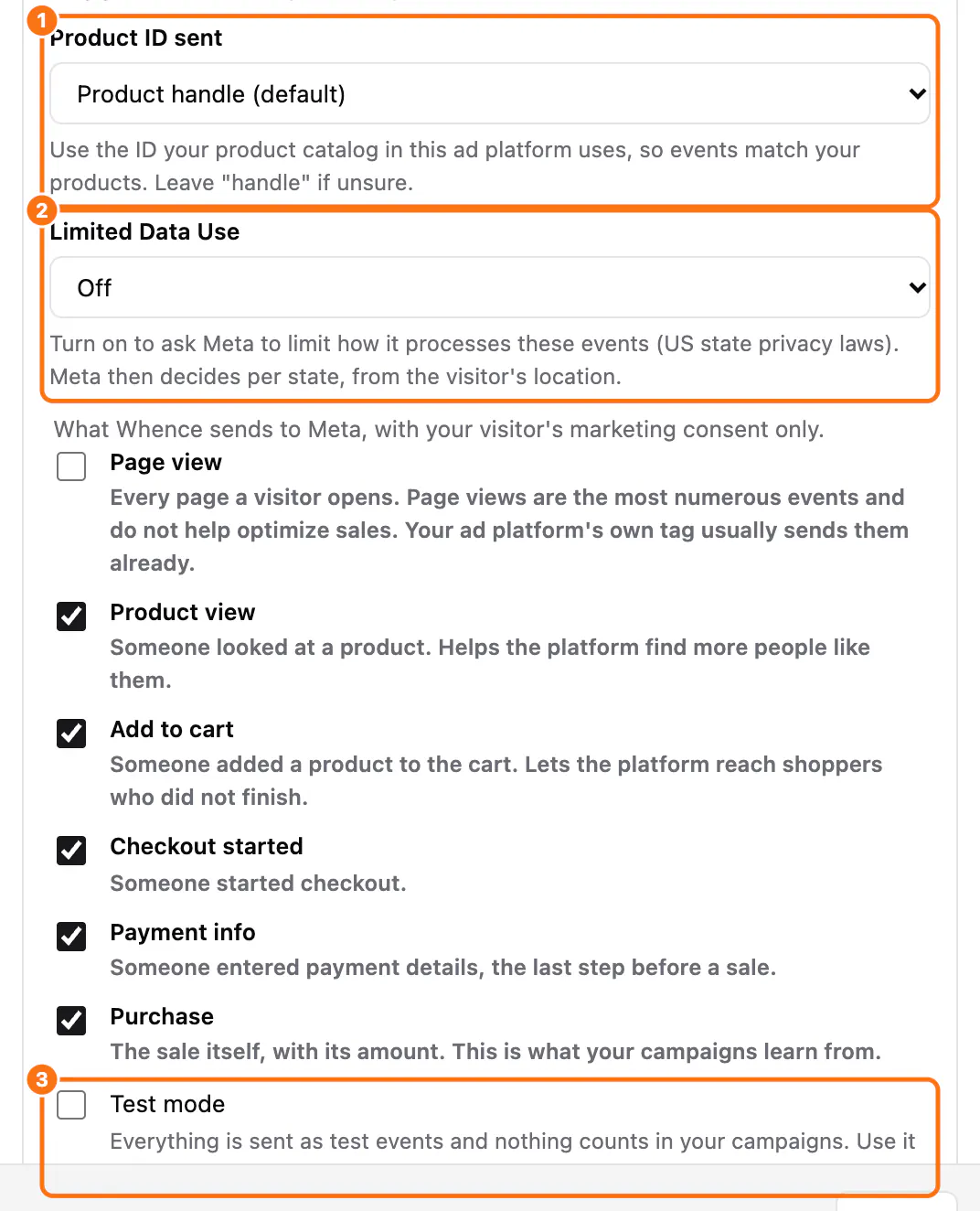 More options for Meta: (1) Product ID sent, (2) Limited Data Use, (3) Test mode