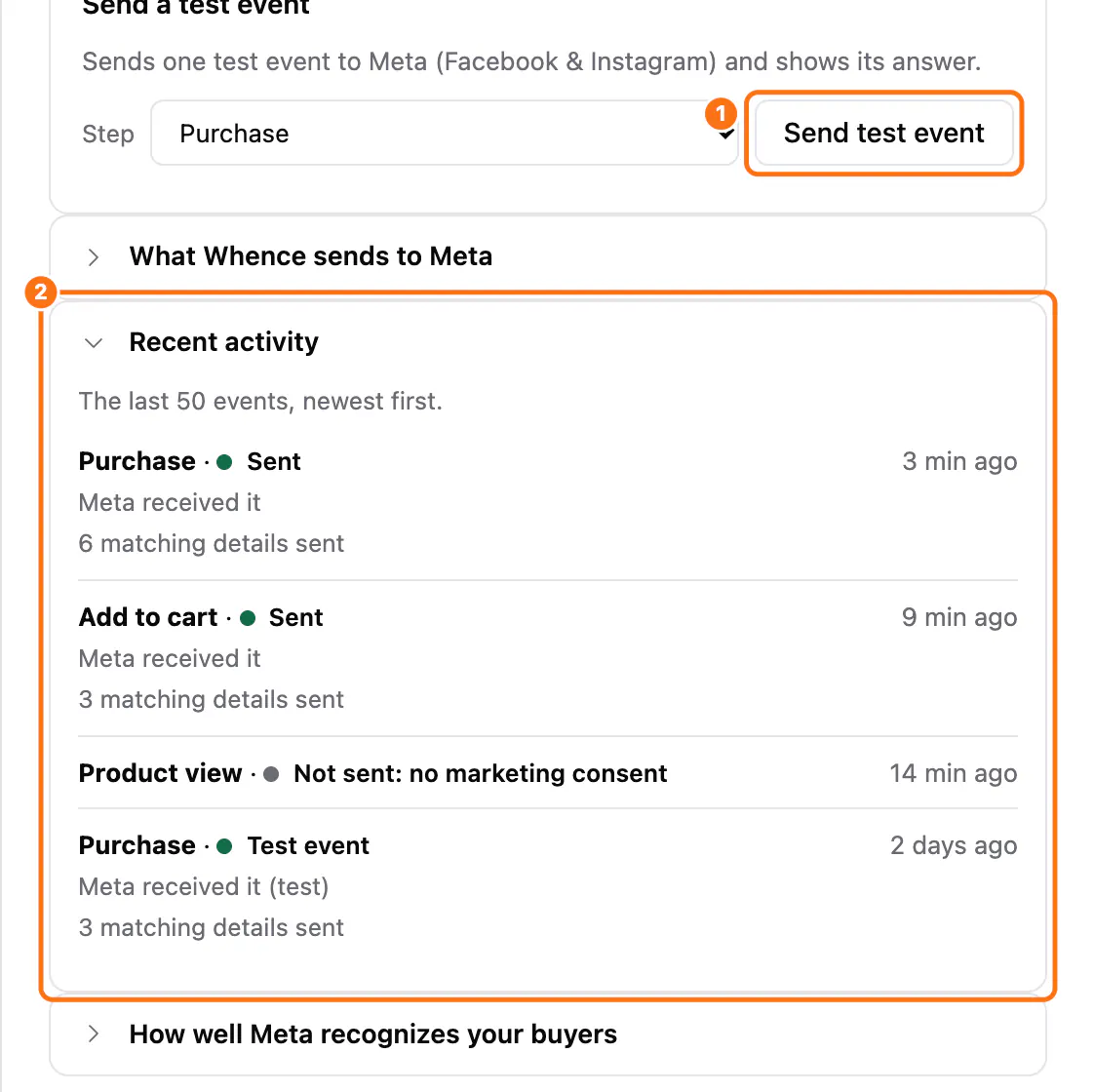 Details for Meta: (1) the Send test event button, (2) Recent activity with the last events and Meta's answers