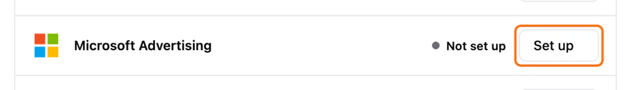 Marketing > Conversions: (1) the Set up button on the Microsoft Advertising row