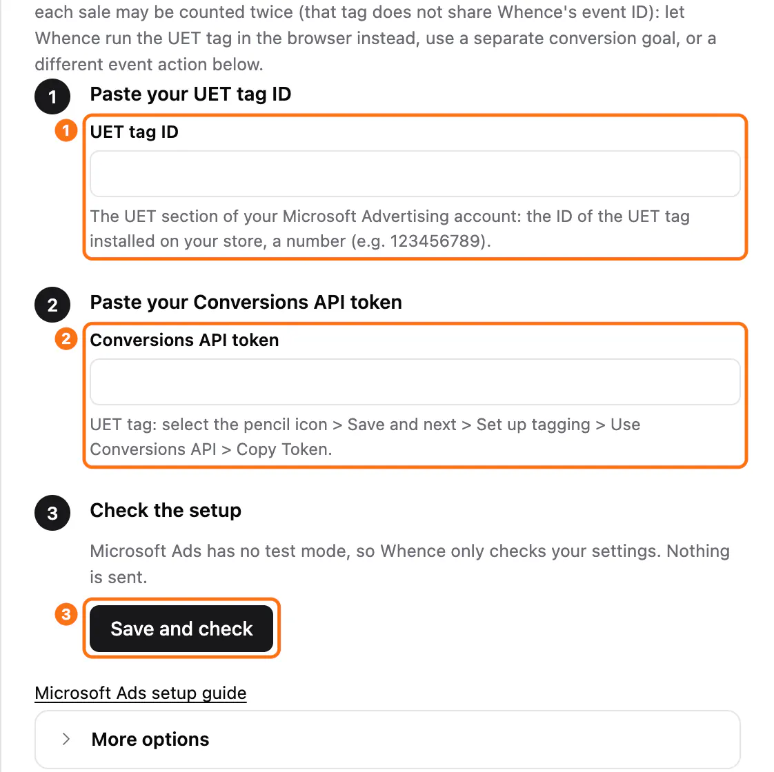 The Microsoft Advertising setup panel: (1) the UET tag ID field, (2) the Conversions API token field, (3) the Save and check button