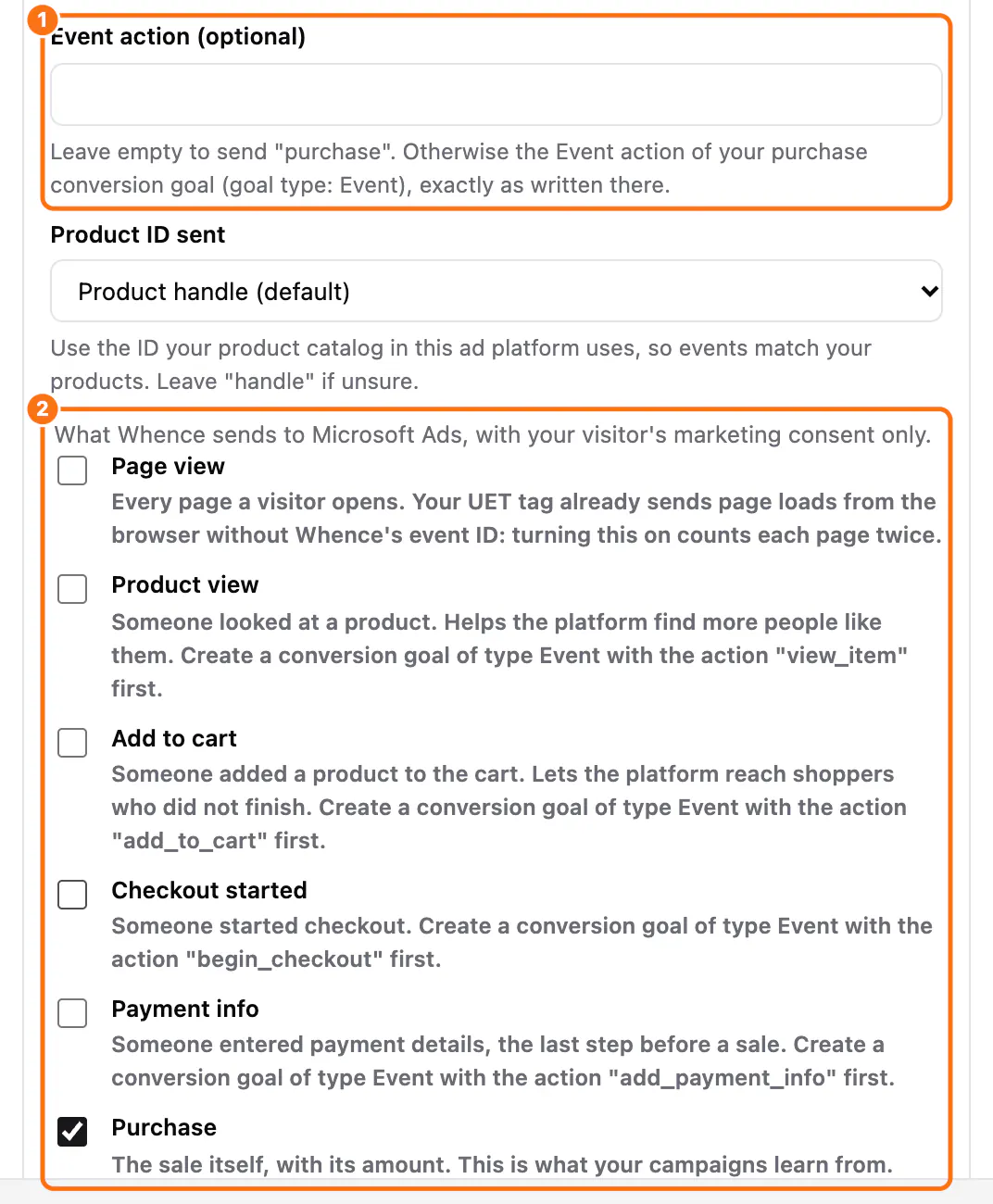 More options for Microsoft Advertising: (1) the Event action (optional) field, (2) the events to send
