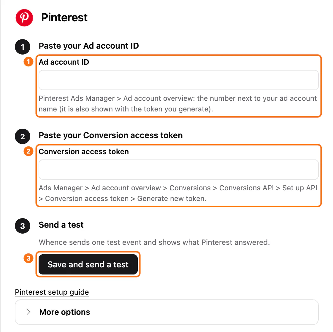 The Pinterest setup panel: (1) the Ad account ID field, (2) the Conversion access token field, (3) the Save and send a test button