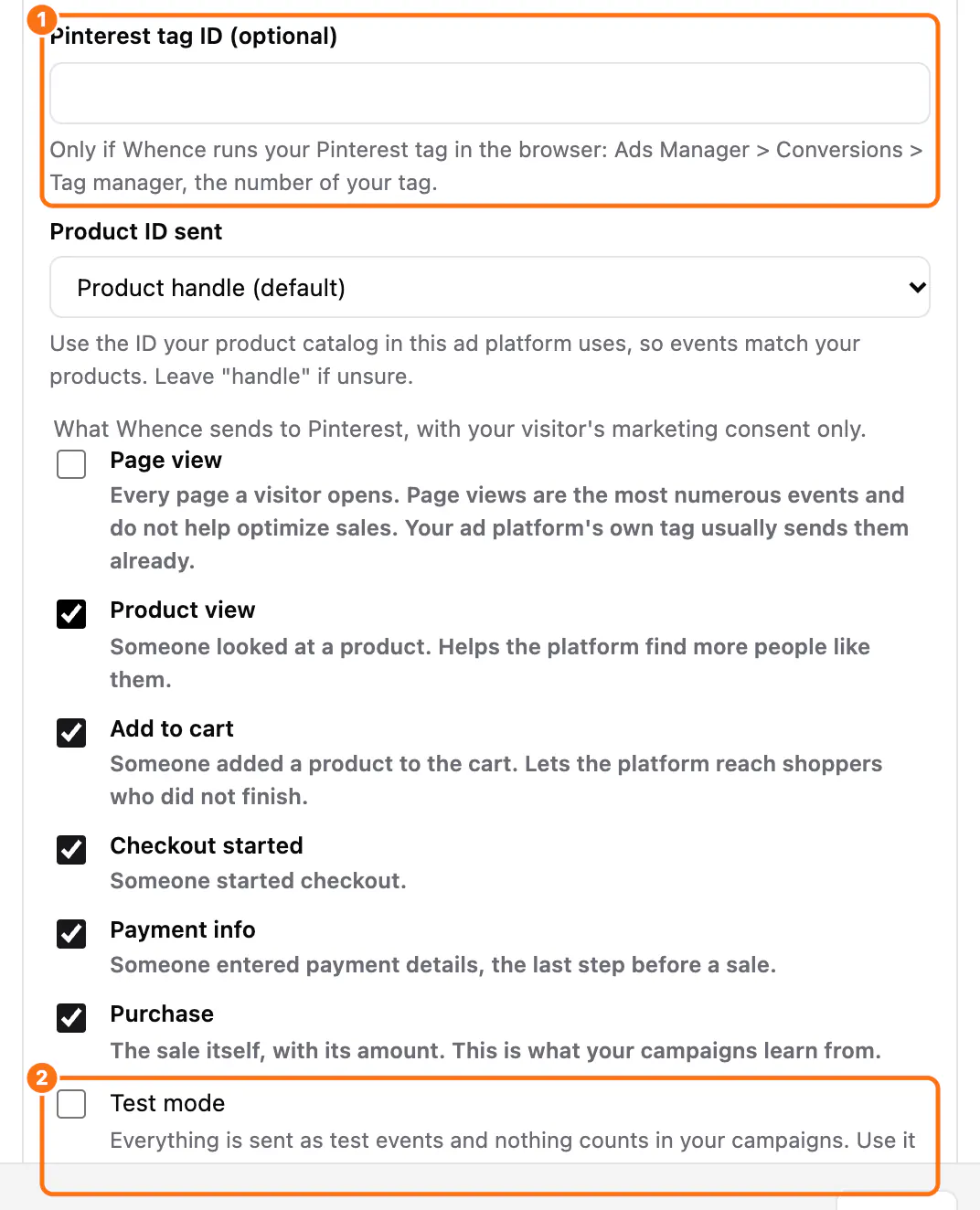 More options for Pinterest: (1) the Pinterest tag ID (optional) field, (2) the Test mode box