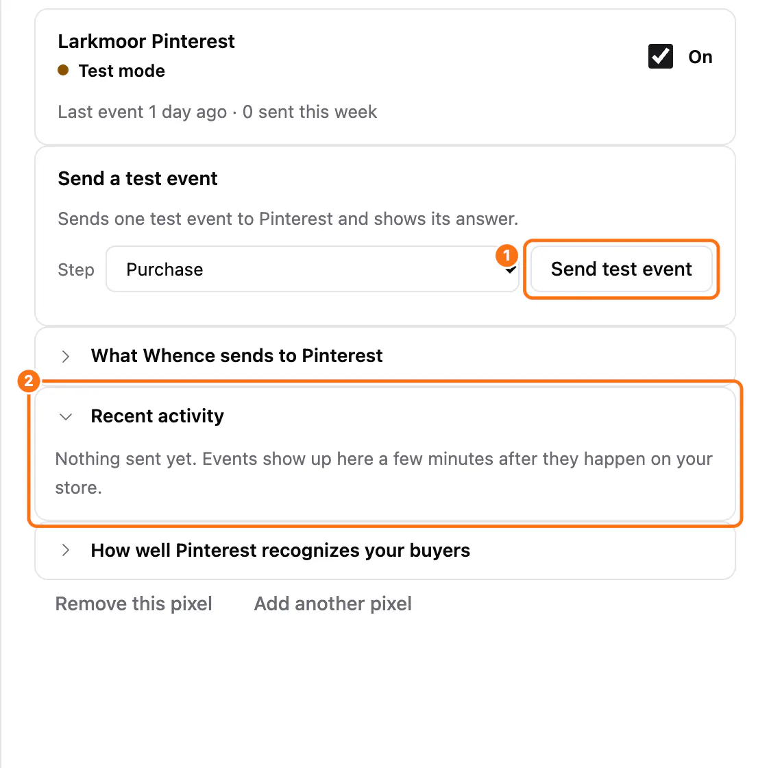 Details for Pinterest: (1) the Send test event button, (2) Recent activity with the last events and Pinterest's answers