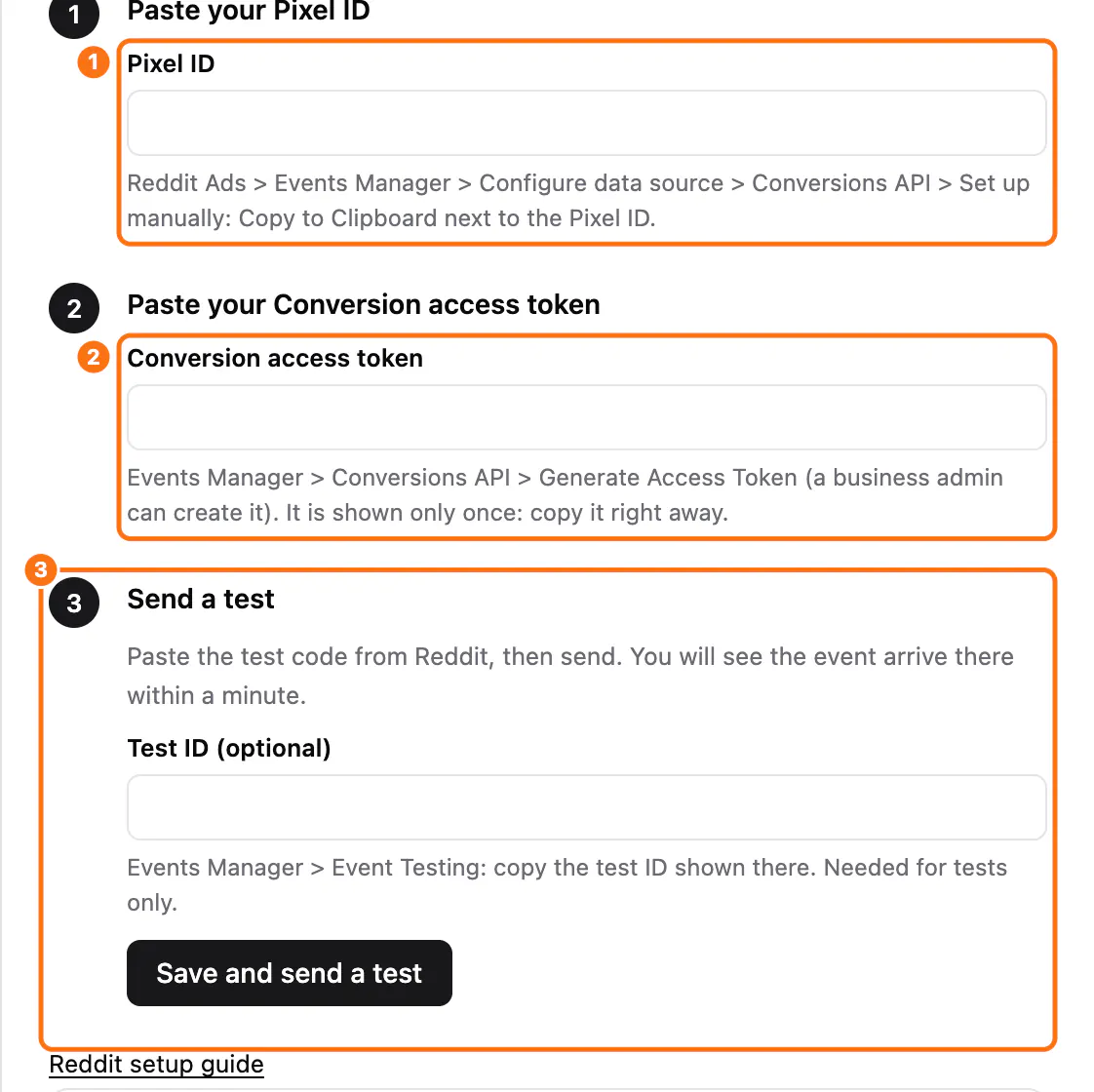 The Reddit setup panel: (1) the Pixel ID field, (2) the Conversion access token field, (3) the Send a test step with the Test ID and the Save and send a test button