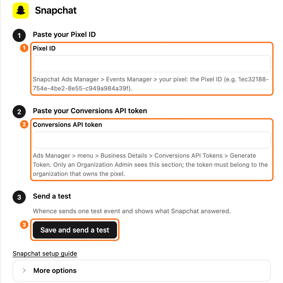 The Snapchat setup panel: (1) the Pixel ID field, (2) the Conversions API token field, (3) the Save and send a test button