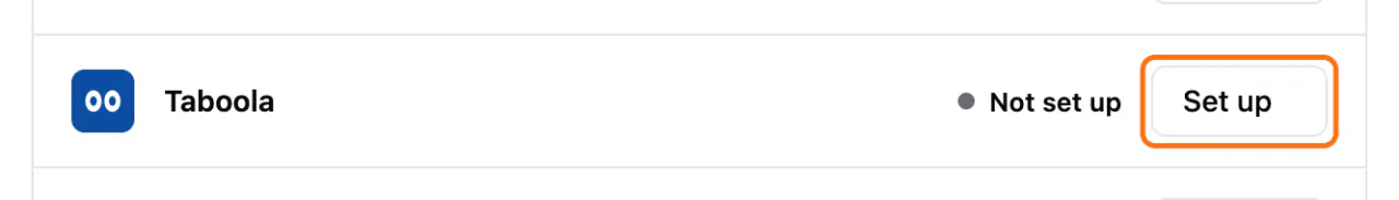 Marketing > Conversions: (1) the Set up button on the Taboola row