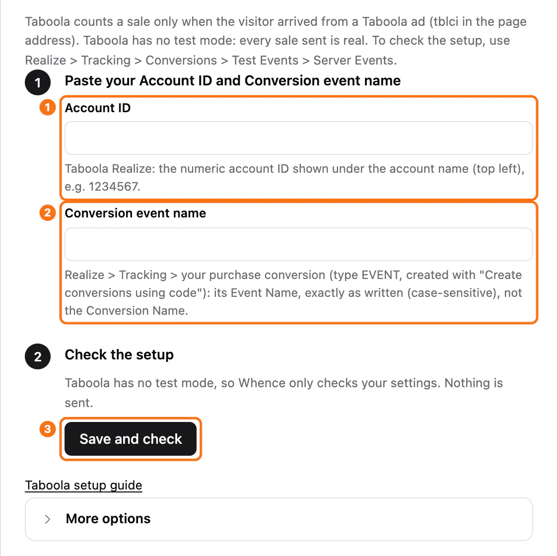The Taboola setup panel: (1) the Account ID field, (2) the Conversion event name field, (3) the Save and check button