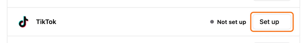 Marketing > Conversions: (1) the Set up button on the TikTok row