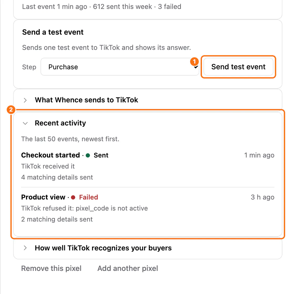 Details for TikTok: (1) the Send test event button, (2) Recent activity with the last events and TikTok's answers