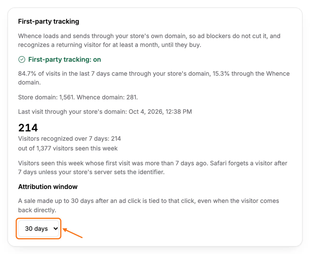 The First-party tracking card on the Conversions screen: (1) the Attribution window list