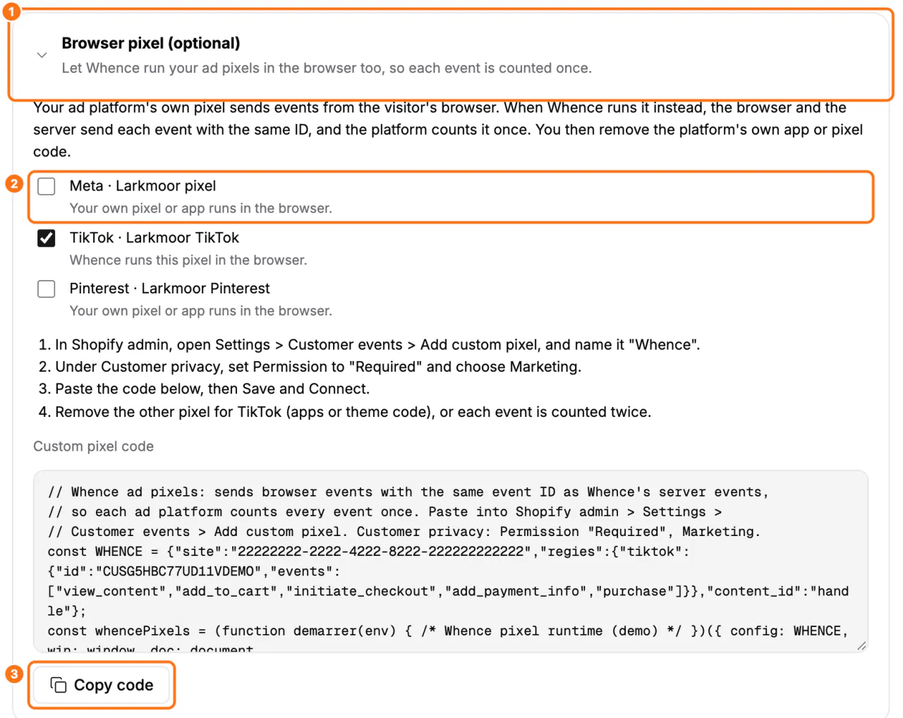 The Browser pixel (optional) card on the Conversions screen: (1) the folded card, (2) the box of a pixel run in the browser, (3) the Copy code button
