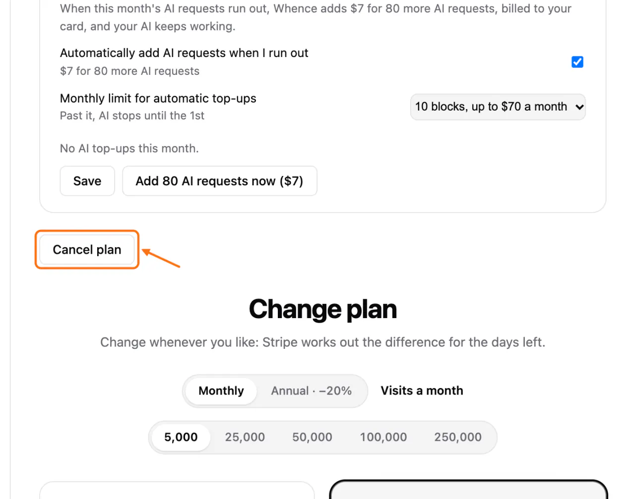 The Plan screen of a paid plan, with (1) the Cancel plan button under the AI top-ups section