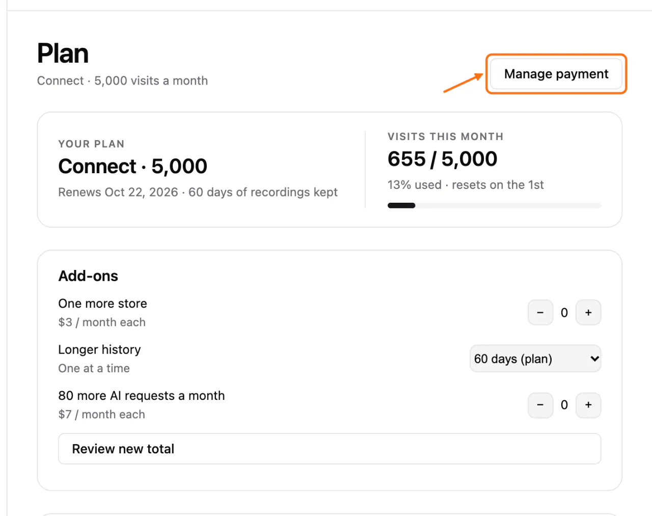 The top of the Plan screen for a plan paid by card, with (1) the Manage payment button