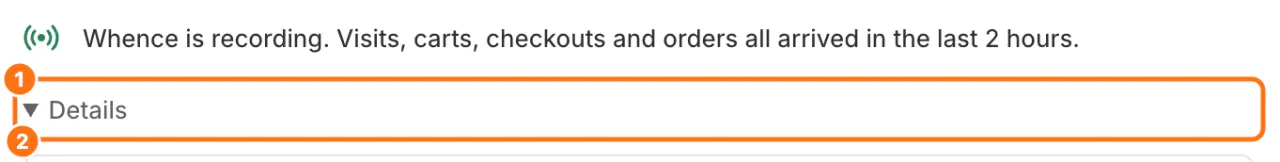 The Whence app in Shopify: (1) Details opened, (2) the Visitor tracking line, marked Running like the lines below it