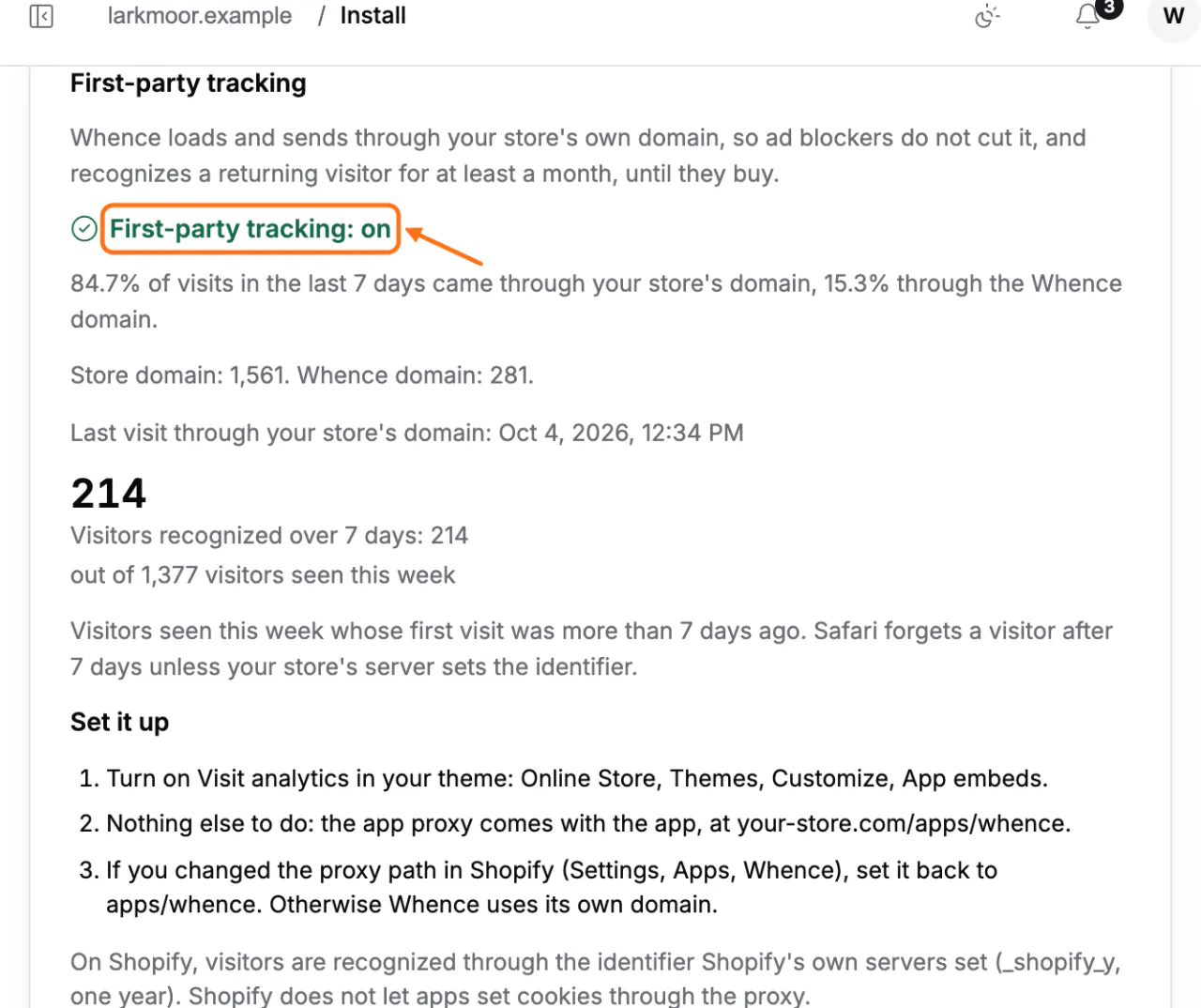 The First-party tracking block of the Install screen, with First-party tracking: on framed