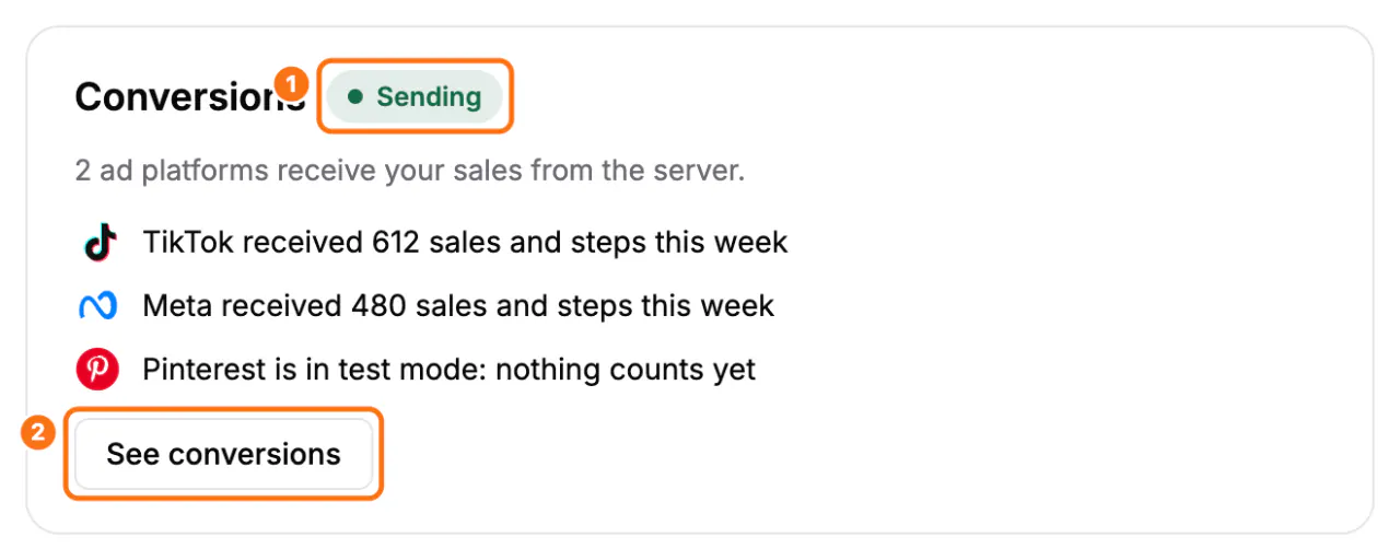 The Conversions card on Home: (1) its status, Sending, (2) the See conversions button