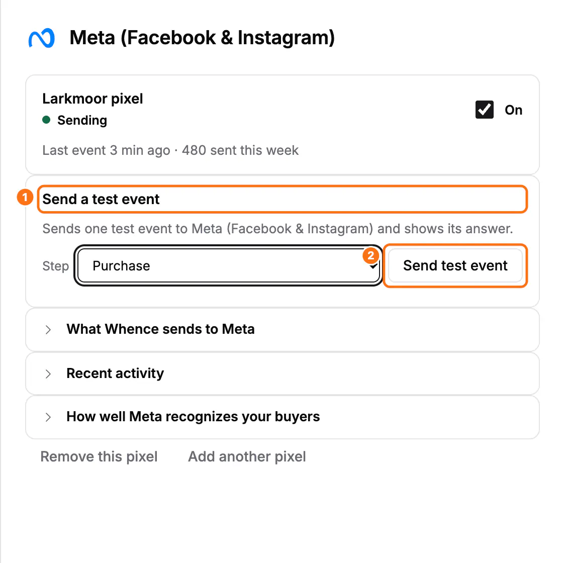 The Meta panel in Conversions: (1) the Send a test event section, (2) the Send test event button