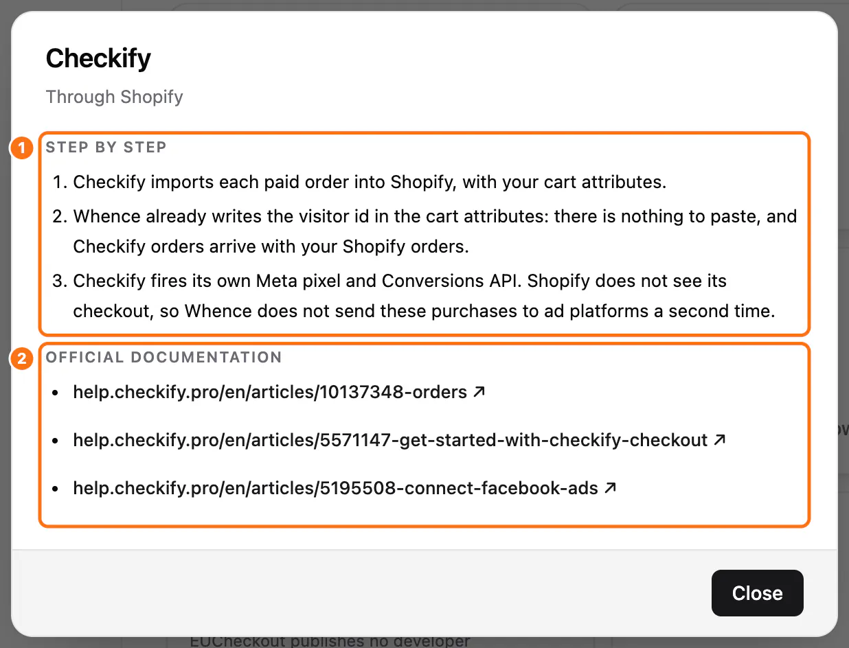The Checkify window: (1) Step by step, (2) Official documentation