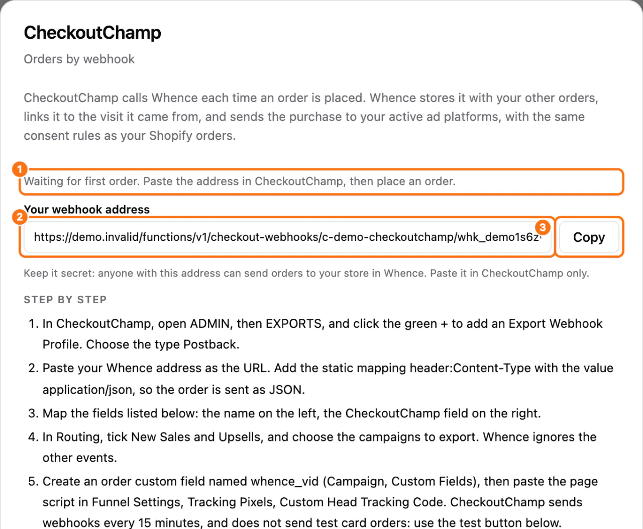 The CheckoutChamp window: (1) Waiting for first order, (2) Your webhook address, (3) Copy