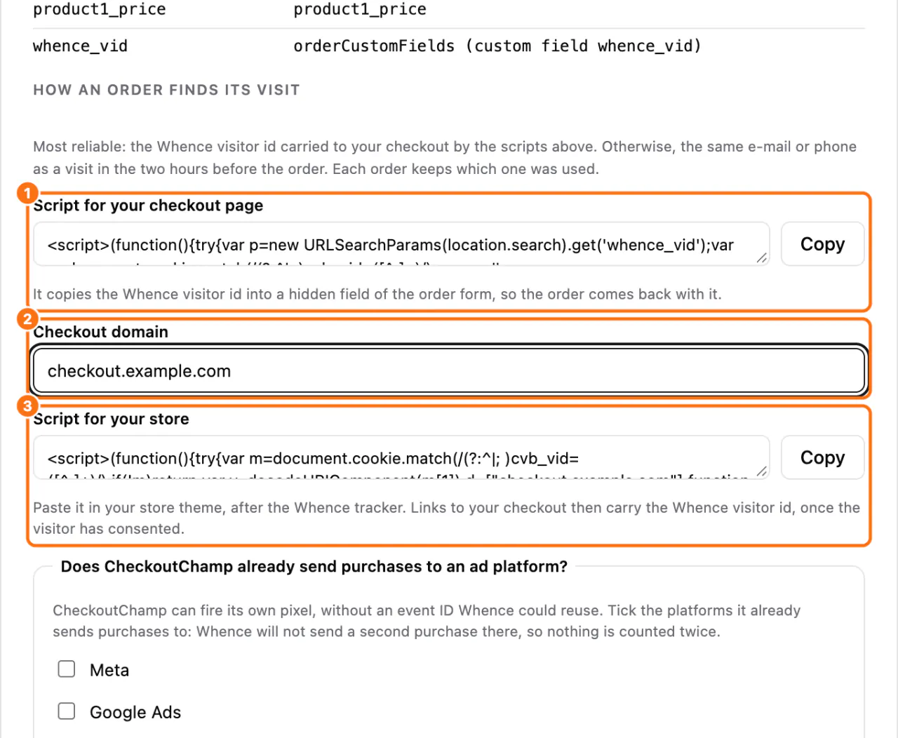 The CheckoutChamp window: (1) Script for your checkout page, (2) Checkout domain, (3) Script for your store