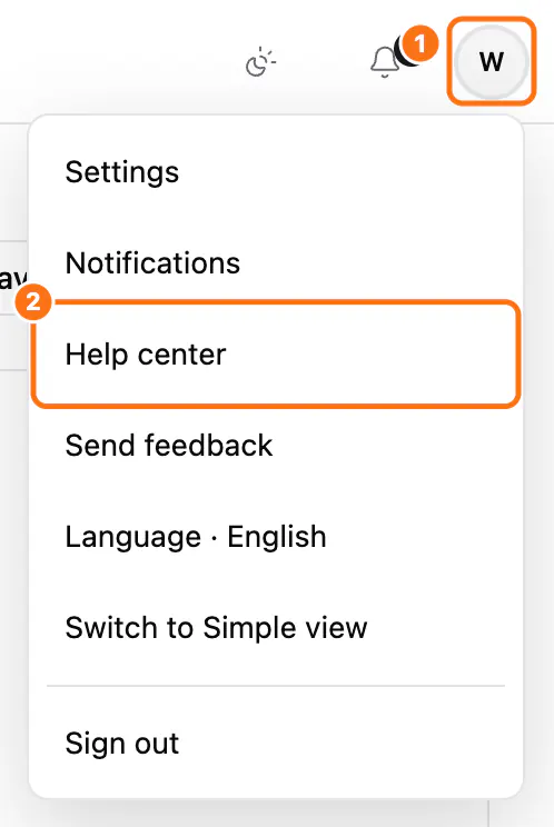 The account menu: (1) the account button, (2) Help center