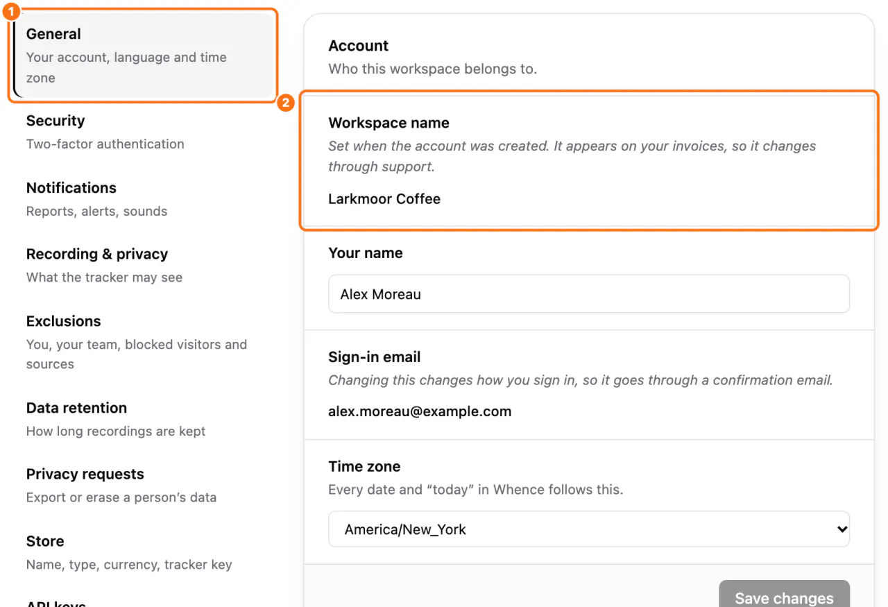 Settings, General: (1) the section, (2) Workspace name and why it changes through support
