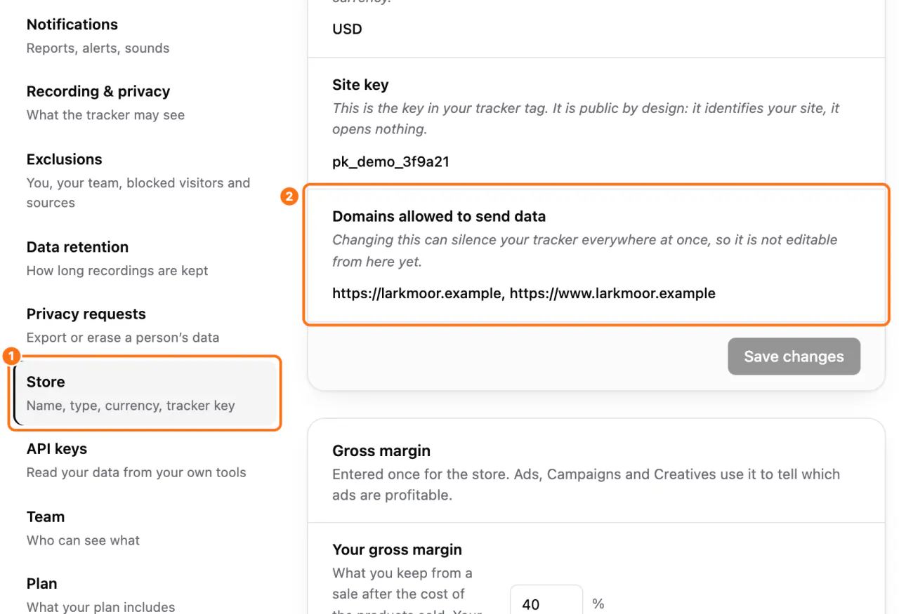 Settings, Store: (1) the section, (2) Domains allowed to send data and why it cannot be edited here