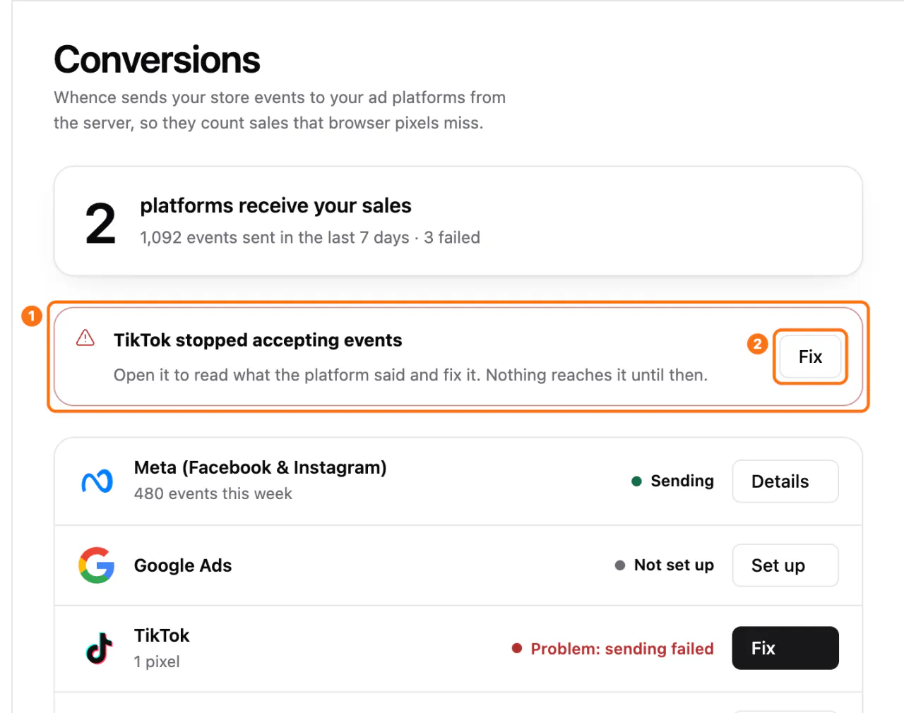 An alert at the top of Conversions: (1) the message, (2) Fix