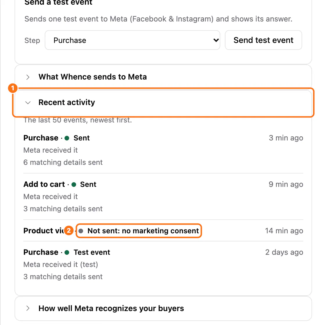 Recent activity: (1) the section, (2) Not sent: no marketing consent