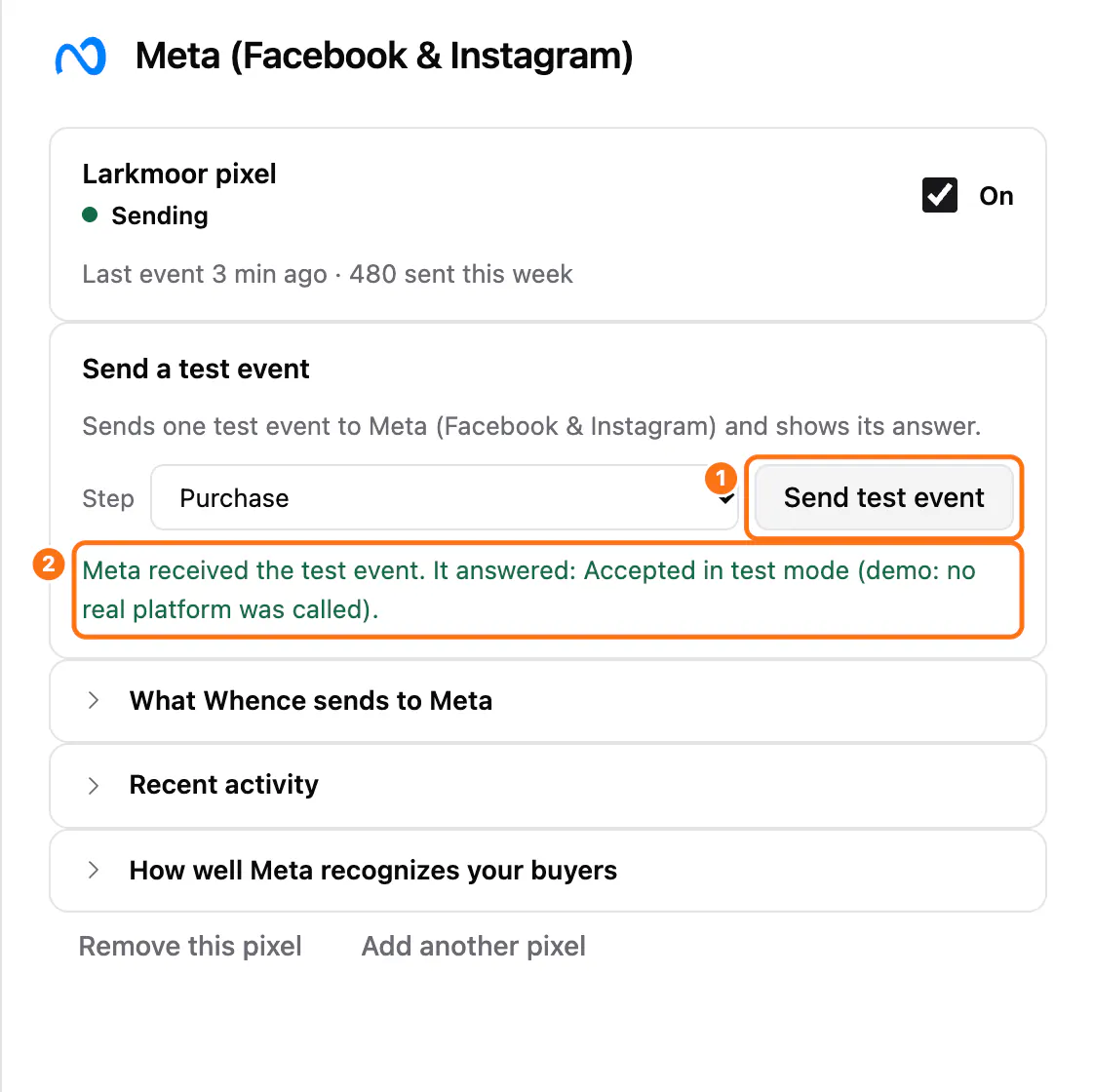 Details: (1) Send test event, (2) the platform’s answer
