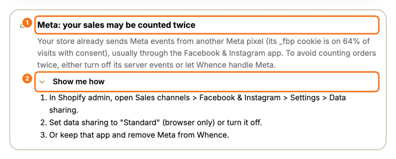 The warning at the top of the Conversions screen: (1) Meta: your sales may be counted twice, (2) the Show me how button