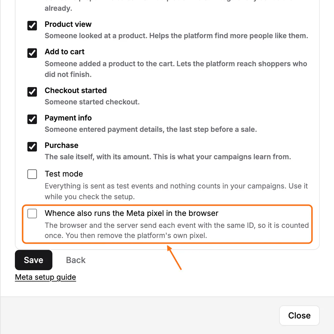 The settings of a Meta pixel: (1) the Whence also runs the Meta pixel in the browser box