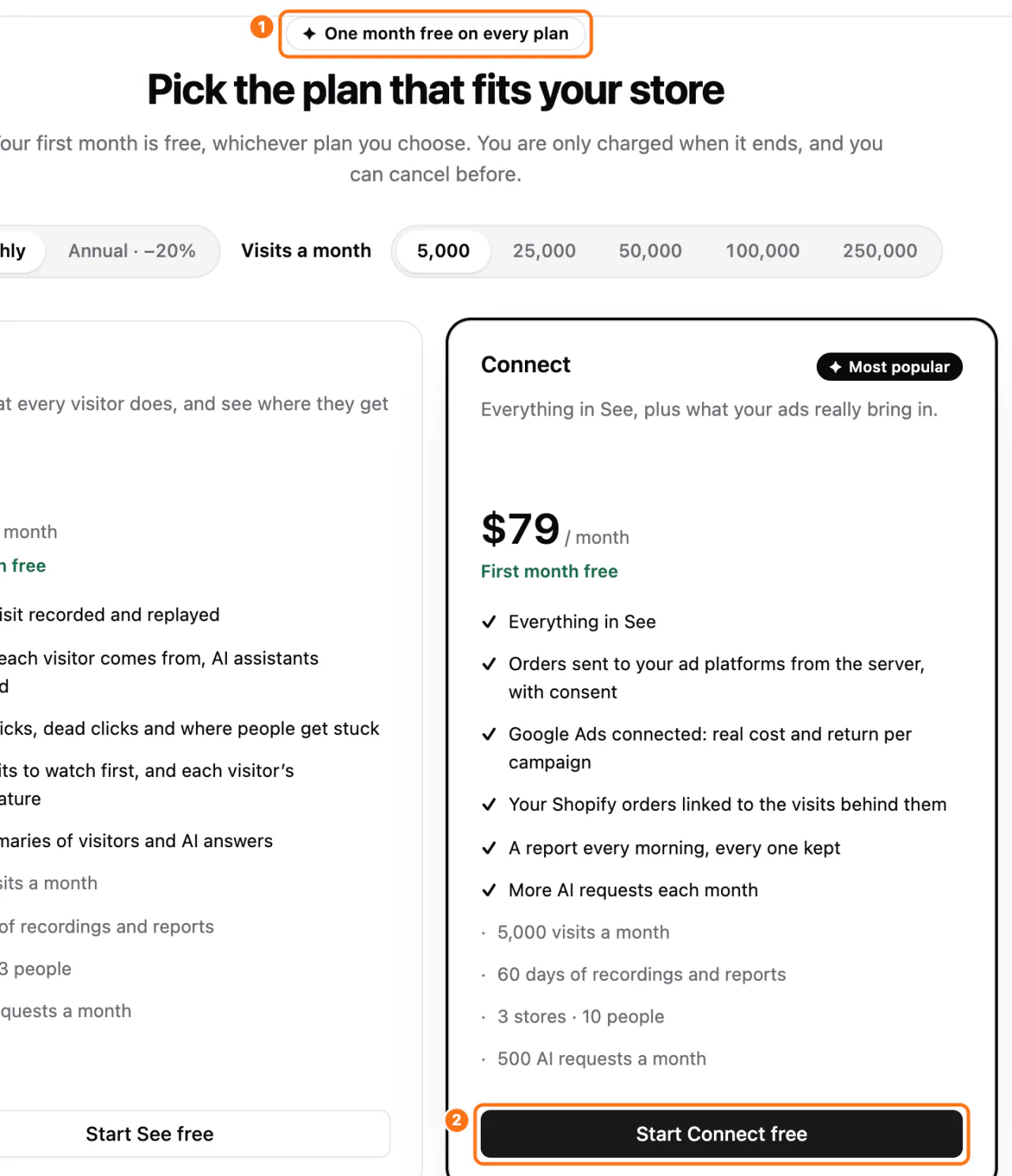 The plan chooser during the free month: (1) the One month free on every plan badge, (2) the Start Connect free button