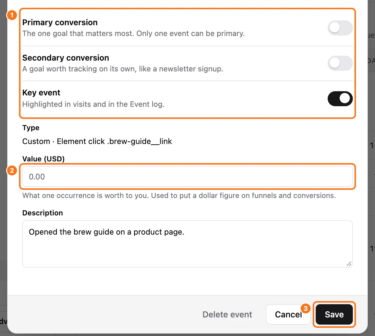 The event editor of an automatic event: (1) the switch, (2) the name field, (3) Save