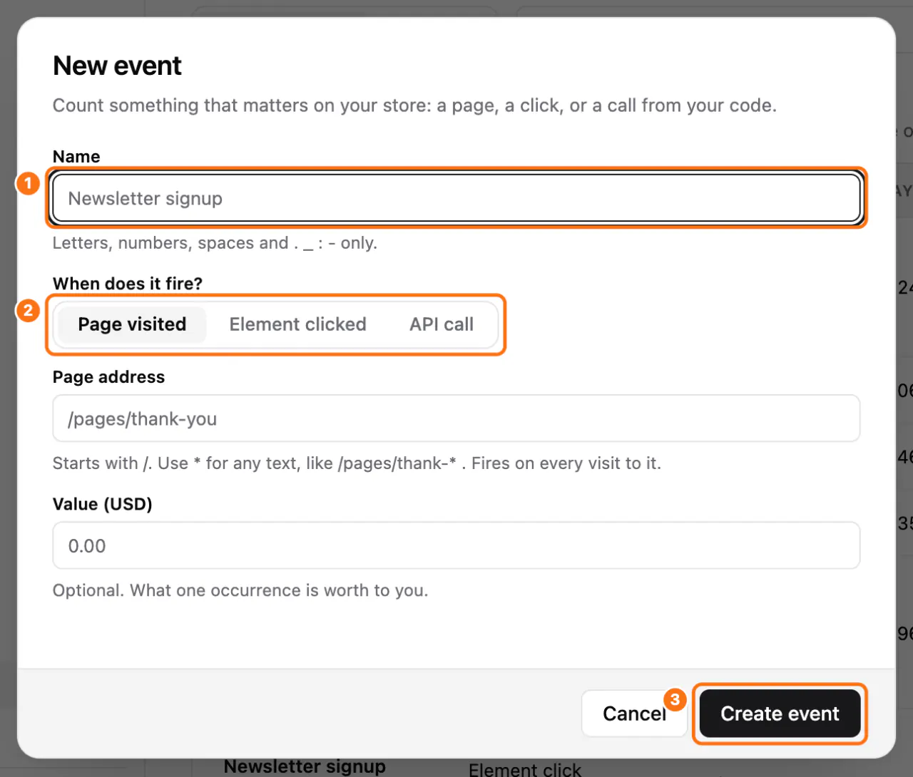 The New event window: (1) the name, (2) the trigger tabs, (3) Create event