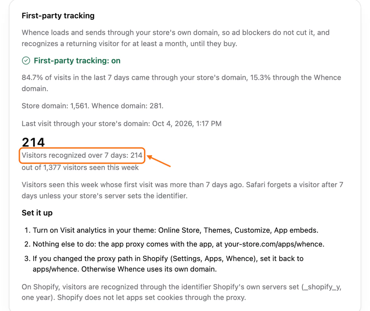The Install screen, First-party tracking: (1) Visitors recognized over 7 days