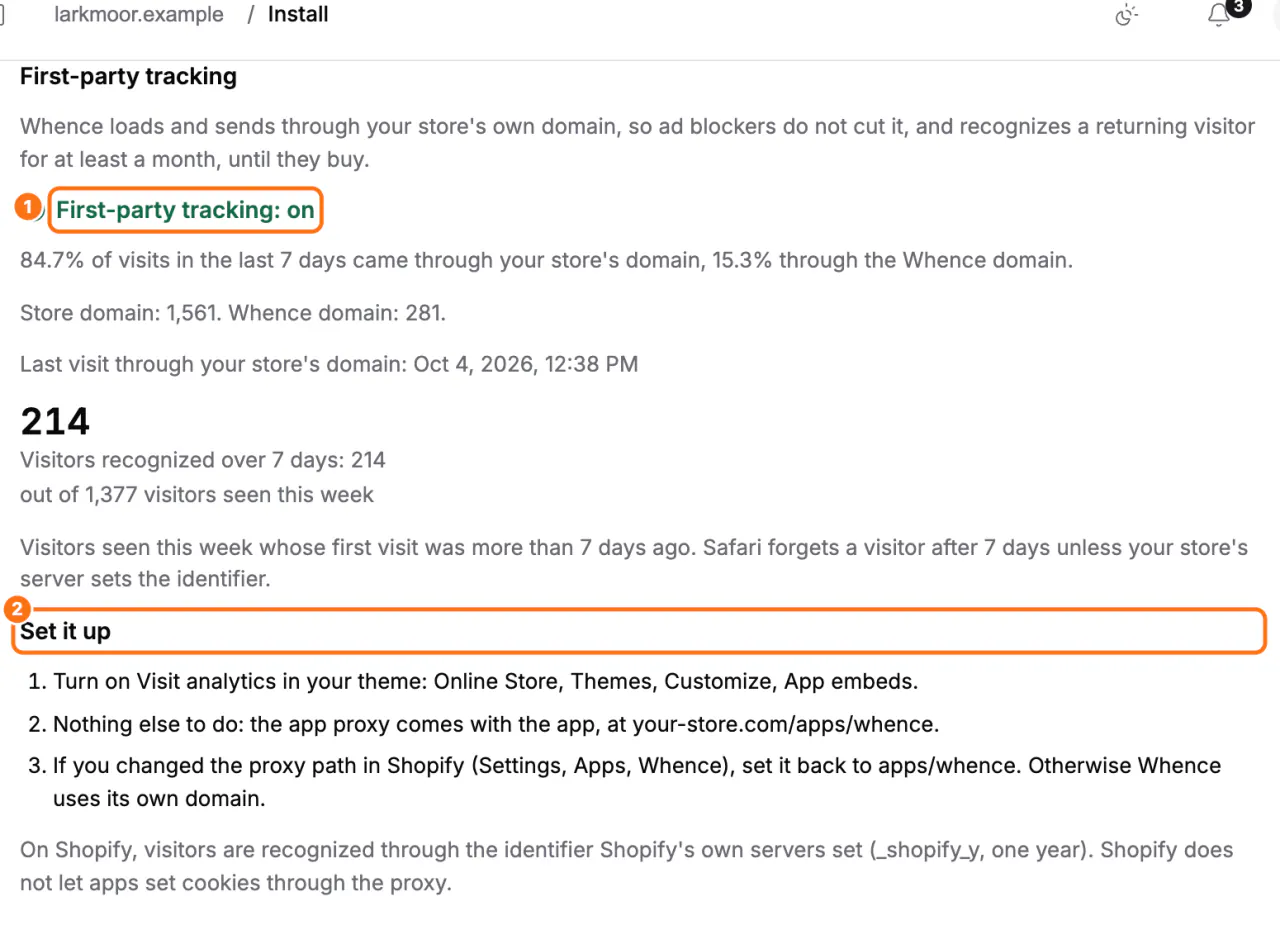 The First-party tracking card on Setup > Install: (1) First-party tracking: on, (2) the Set it up steps