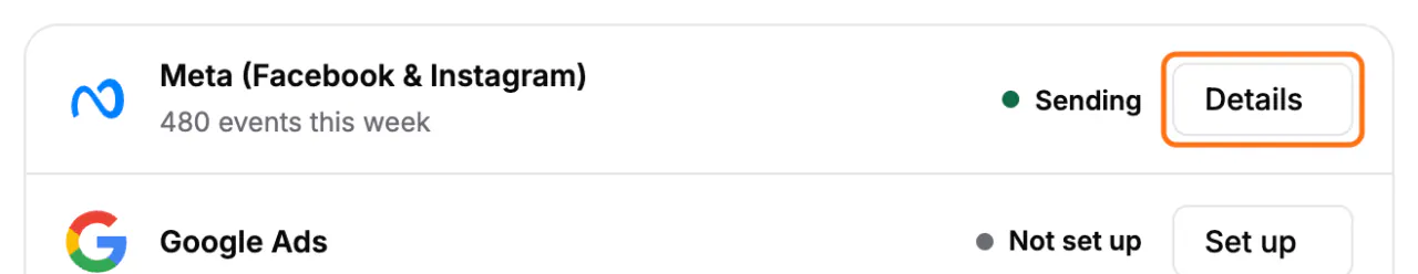 The list of ad platforms on the Conversions screen: the Details button (1) on the Meta row