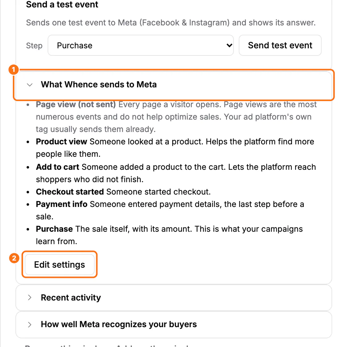 The Meta panel: (1) the What Whence sends to Meta section open, with each step and its reason, (2) the Edit settings button